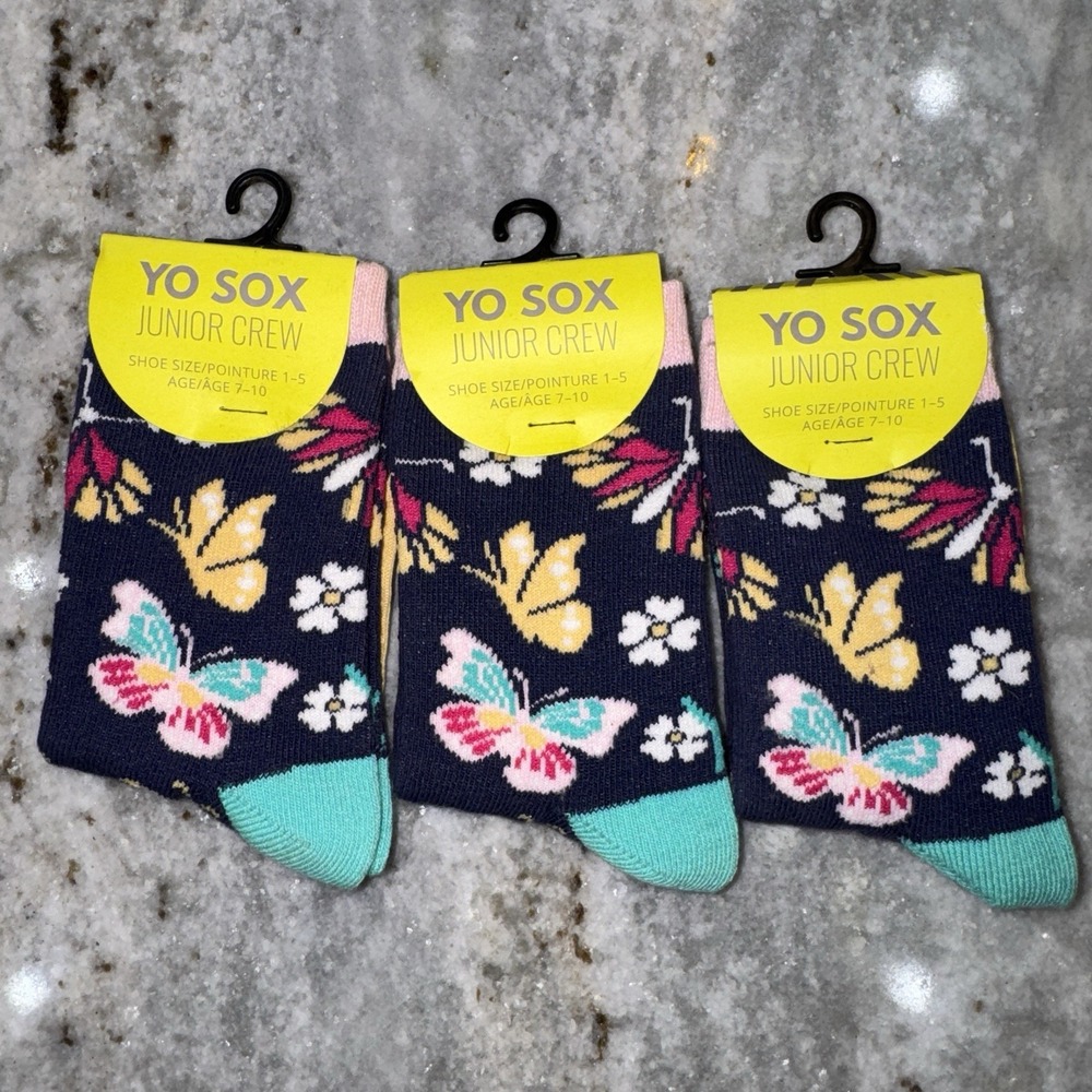 Lot Of 3 NWT Yo Sox Junior Crew Socks Gripper Butterflies Youth 7-10